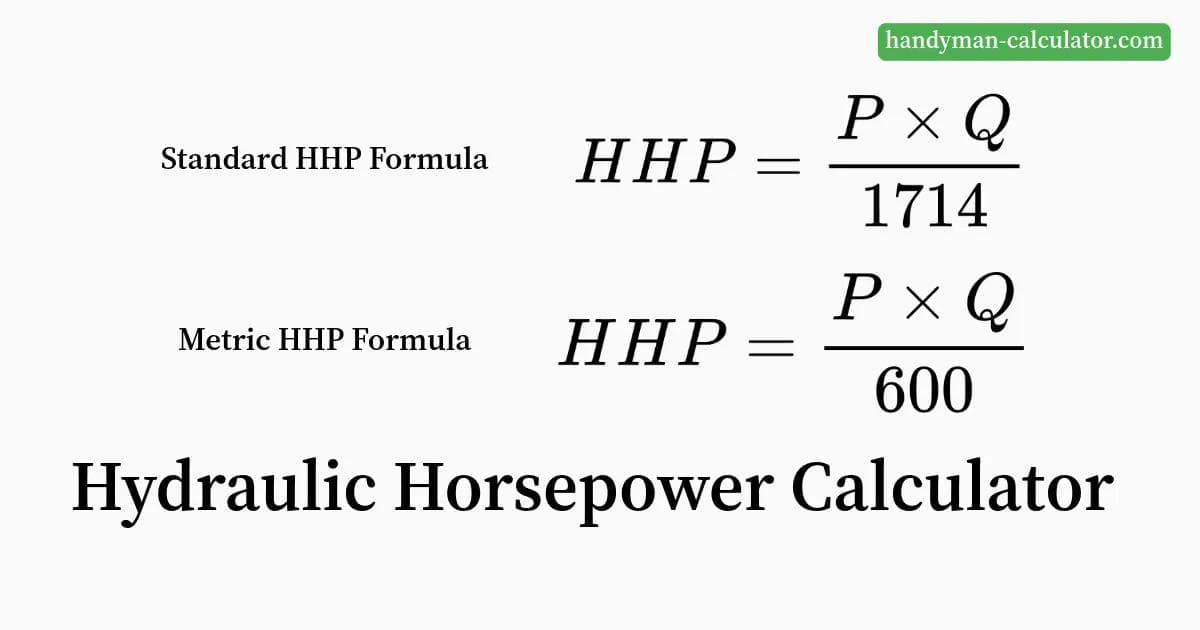 Hydraulic Horsepower Calculator - Calculate HHP using flow rate (GPM or L/min) and pressure (PSI or bar) for hydraulic systems.