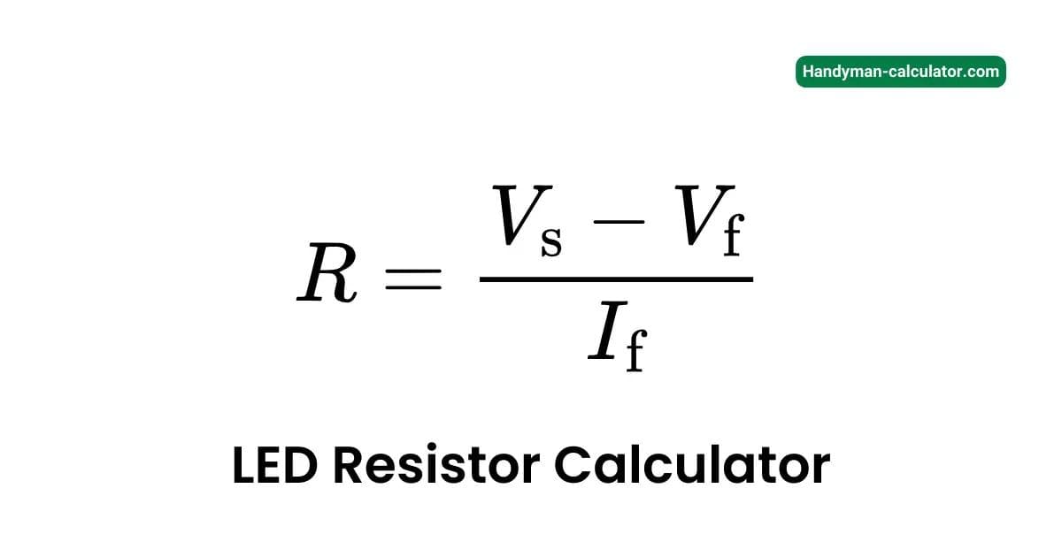 LED resistor calculator for 12V, 5V, and 220V circuits showing a single LED with a resistor and formula (R = (Vs - Vf) / If)